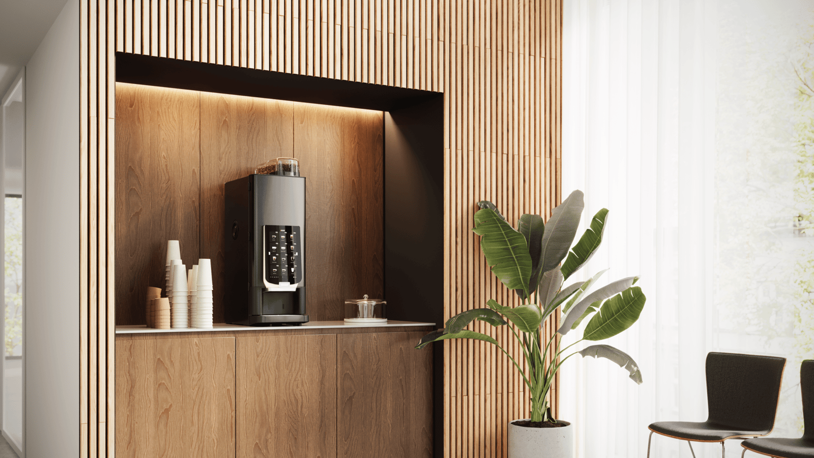 En innbydende kaffekrok med kaffemaskin, kopper og grønne planter